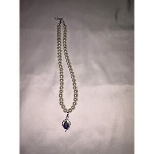 Nautical Octopus Faux Pearl Necklace - Blue Teardrop Gem Pendant - Silver Tone